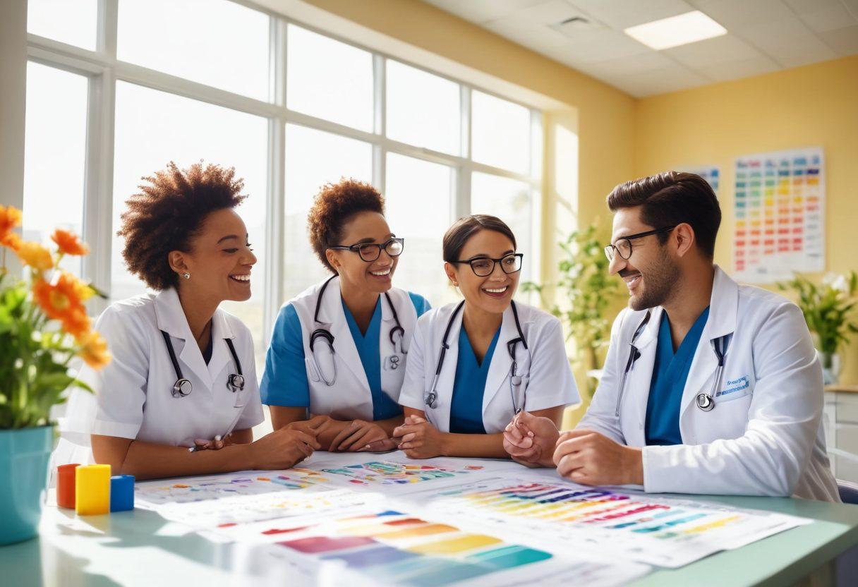 A bright and uplifting scene depicting a diverse group of healthcare professionals joyfully collaborating in a modern clinic, surrounded by colorful charts and playful ARDS treatment tools. They are engaging with cheerful patients in a warm, inviting atmosphere, with sunlight streaming through the windows. The background includes elements symbolizing hope, like blooming plants and uplifting quotes. super-realistic. vibrant colors. soft focus.