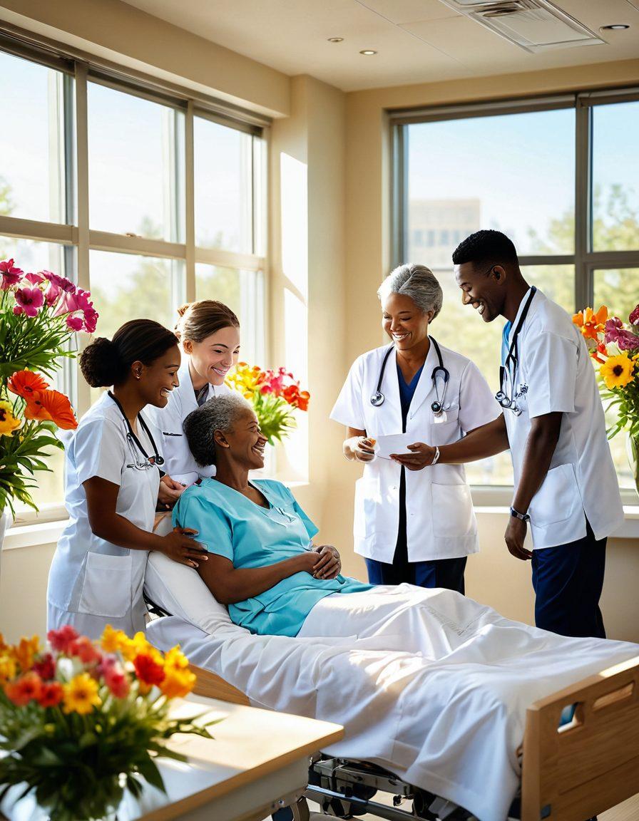 A serene scene depicting a diverse group of healthcare professionals collaboratively caring for a joyful patient in a bright, inviting hospital room. Incorporate soft sunlight streaming through large windows, vibrant flowers in vases, and uplifting art on the walls. The patient is surrounded by supportive family members and smiling medical staff, radiating positivity and hope. super-realistic. vibrant colors. warm lighting.