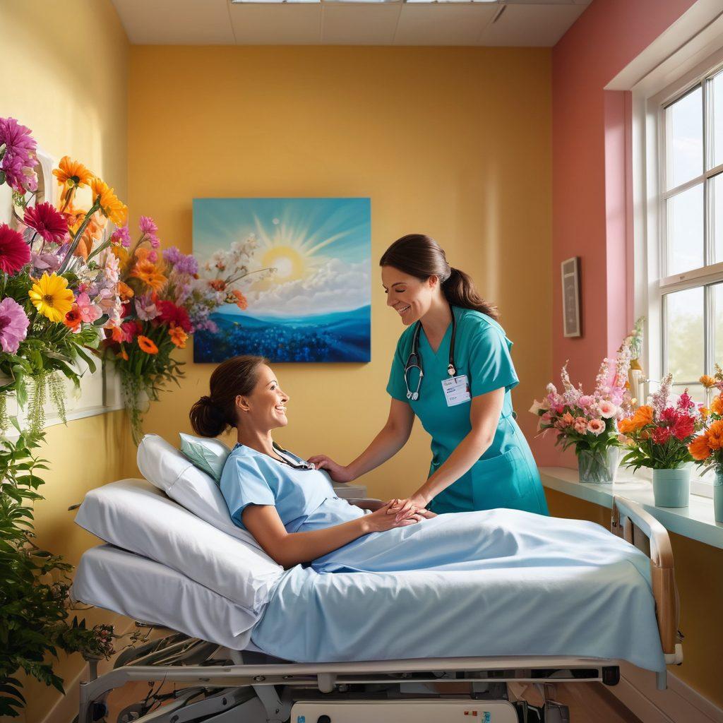 A serene hospital room with a gentle sunlight filtering through a window, illuminating a joyful nurse interacting compassionately with a smiling patient, surrounded by vibrant flowers and calming artwork on the walls. Include elements of medical technology subtly integrated into the comforting environment, reflecting hope and healing. super-realistic. vibrant colors.